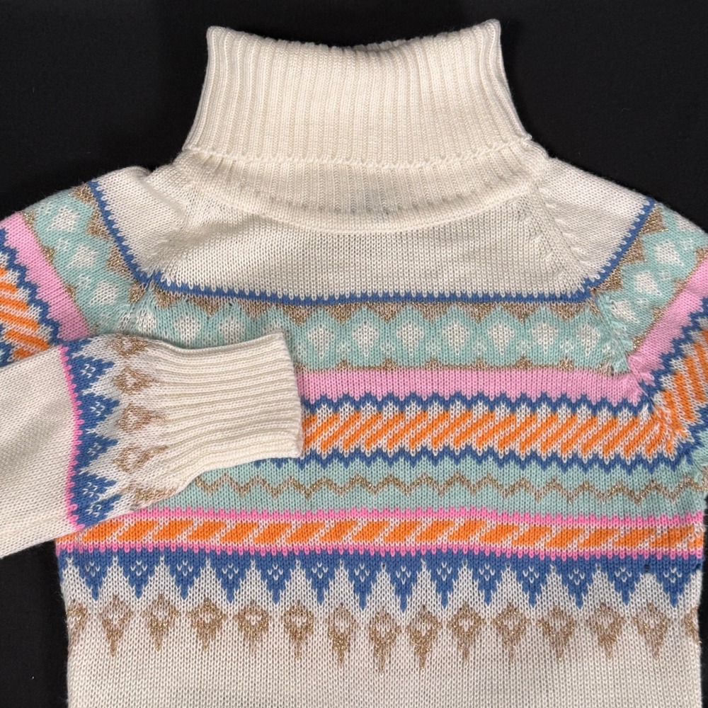 Vintage 80s Fair Isle‎ Turtleneck Sweater Dress Cream Gold Bee Dazzle Womens M